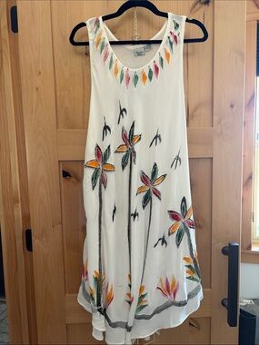 Summer embroidered White Sleeveless Dress with Multicolor Floral Paint-one size